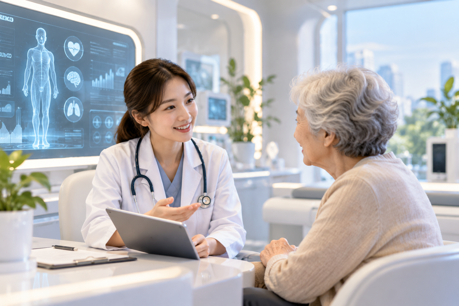Physician reviewing a patient's health data with an elderly patient