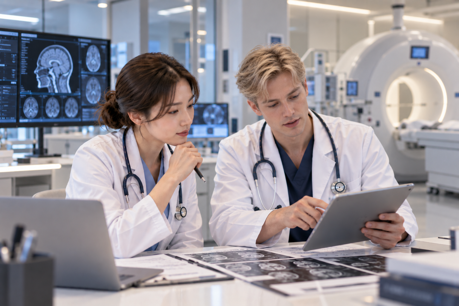 Two physicians reviewing a patient's imaging and health data on a tablet