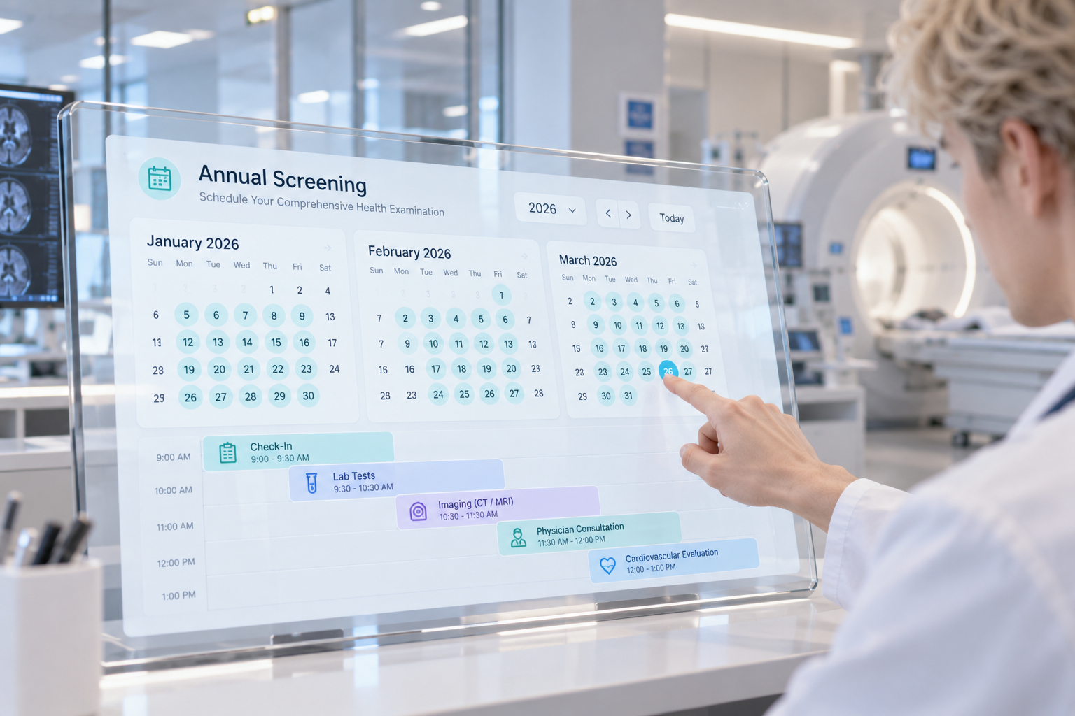Annual screening schedule for January through March on a touchscreen calendar